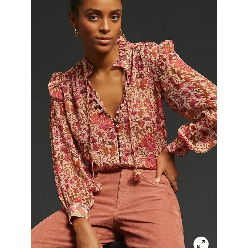 MISA Analeigh Blouse Floral Ruffle Tie-Neck Blouse Pink Multi Large Light Summer